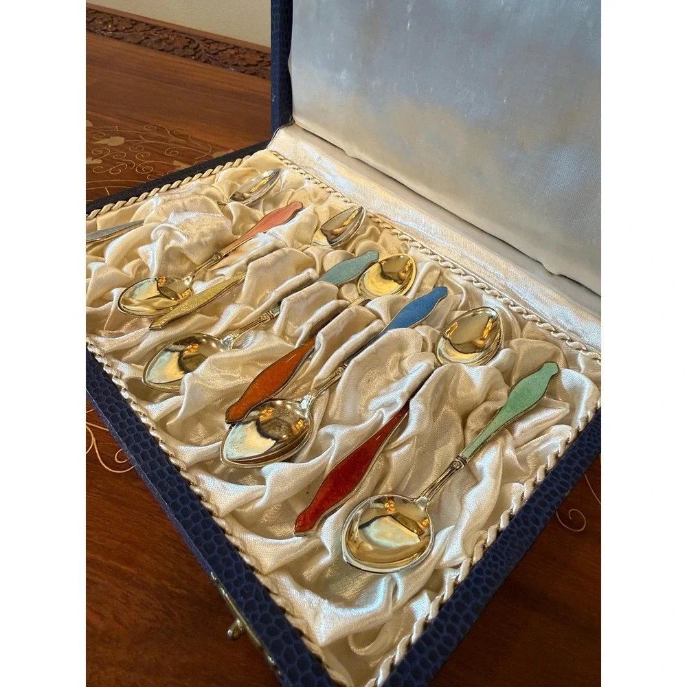 Vintage‎ Norwegian Sterling Silver Enamel Demitasse Spoon Set with Box